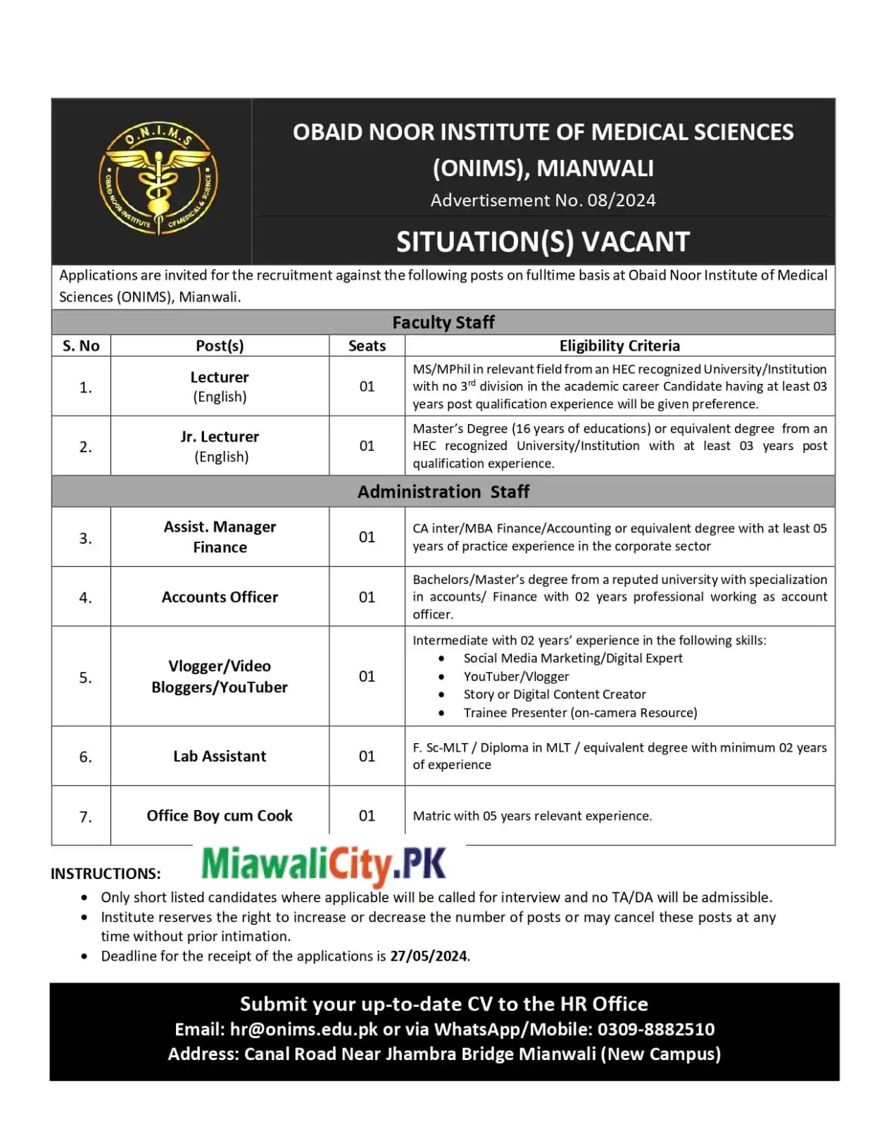 ONIMS Jobs, Obaid Noor Institute of Medical Sciences, Mianwali