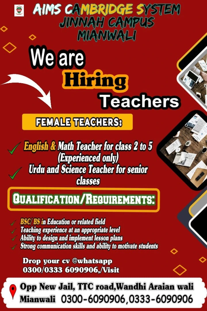 Aims cambridge system jinnah campus Mianwali Teacher job