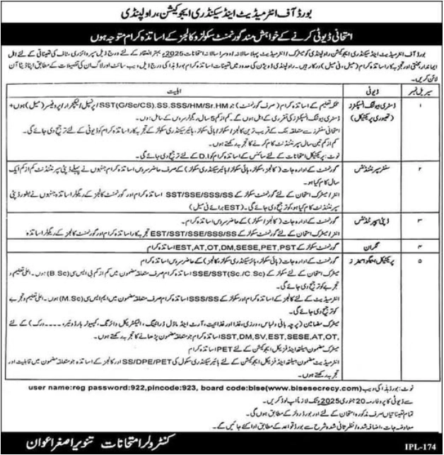 Examination Duty Notification for Government Teachers by BISE Rawalpindi