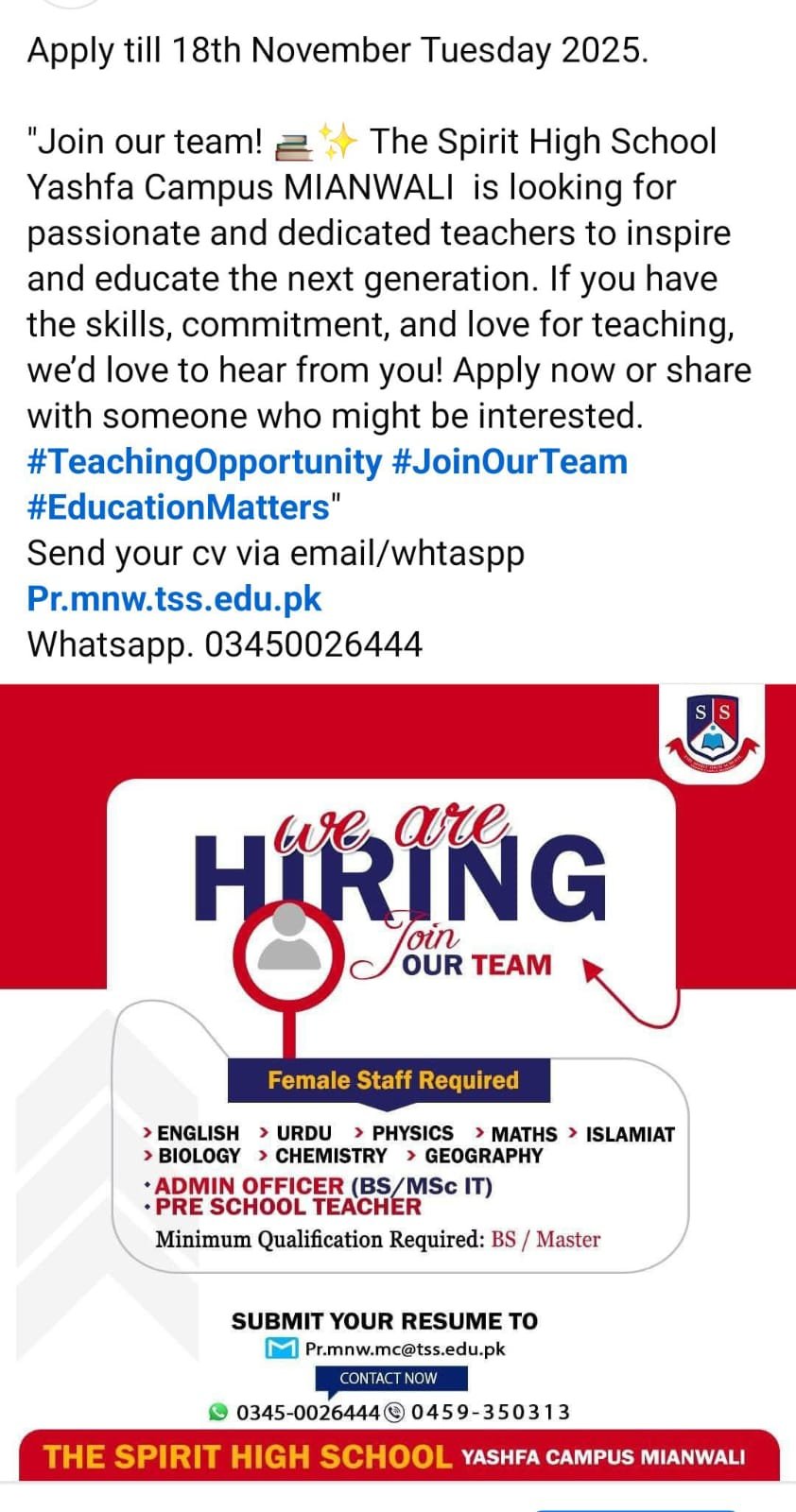 Job Openings at The Spirit High School, Yashfa Campus, Mianwali