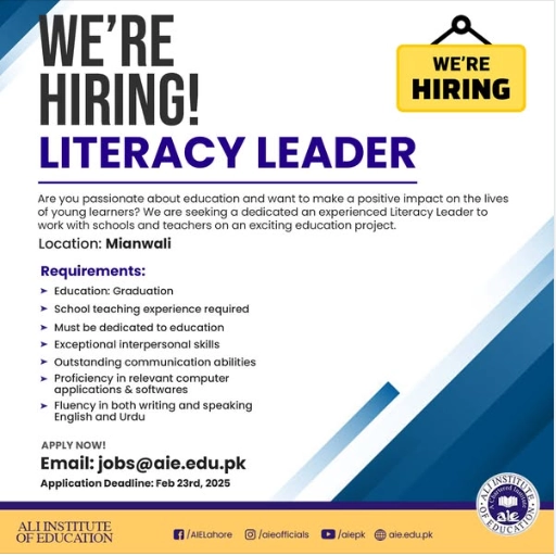 Job Opportunity Literacy Leader Ali Institute of Education, Mianwali.