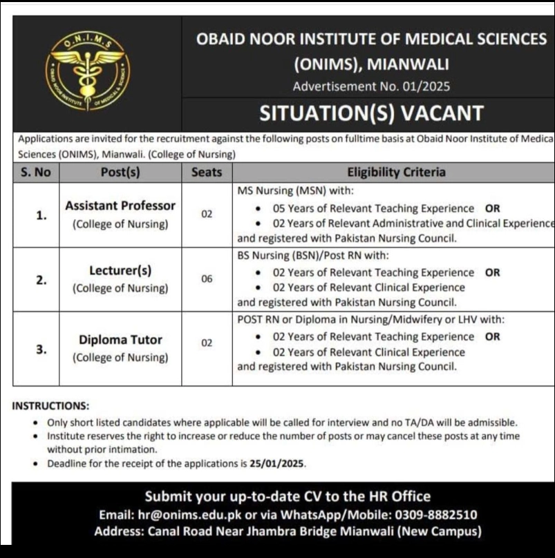 Nursing Job Opportunity at ONIMS, Mianwali