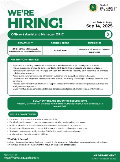 Officer/Assistant Manager ORIC jobs in namal university 2025