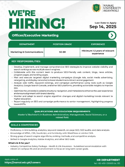 Officer / Executive Marketing  Namal jobs in 2025