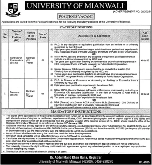 Positions Open at University of Mianwali Pakistan 2026 Government