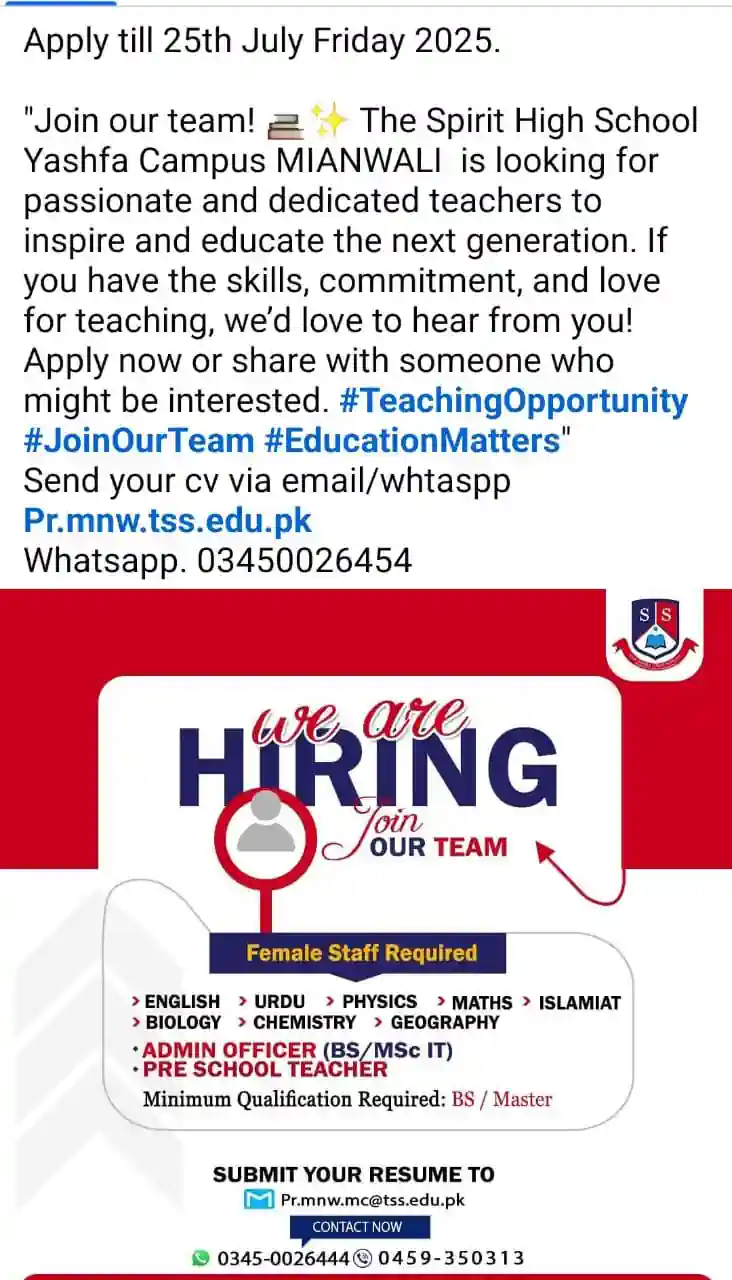spirit school mianwali jobs